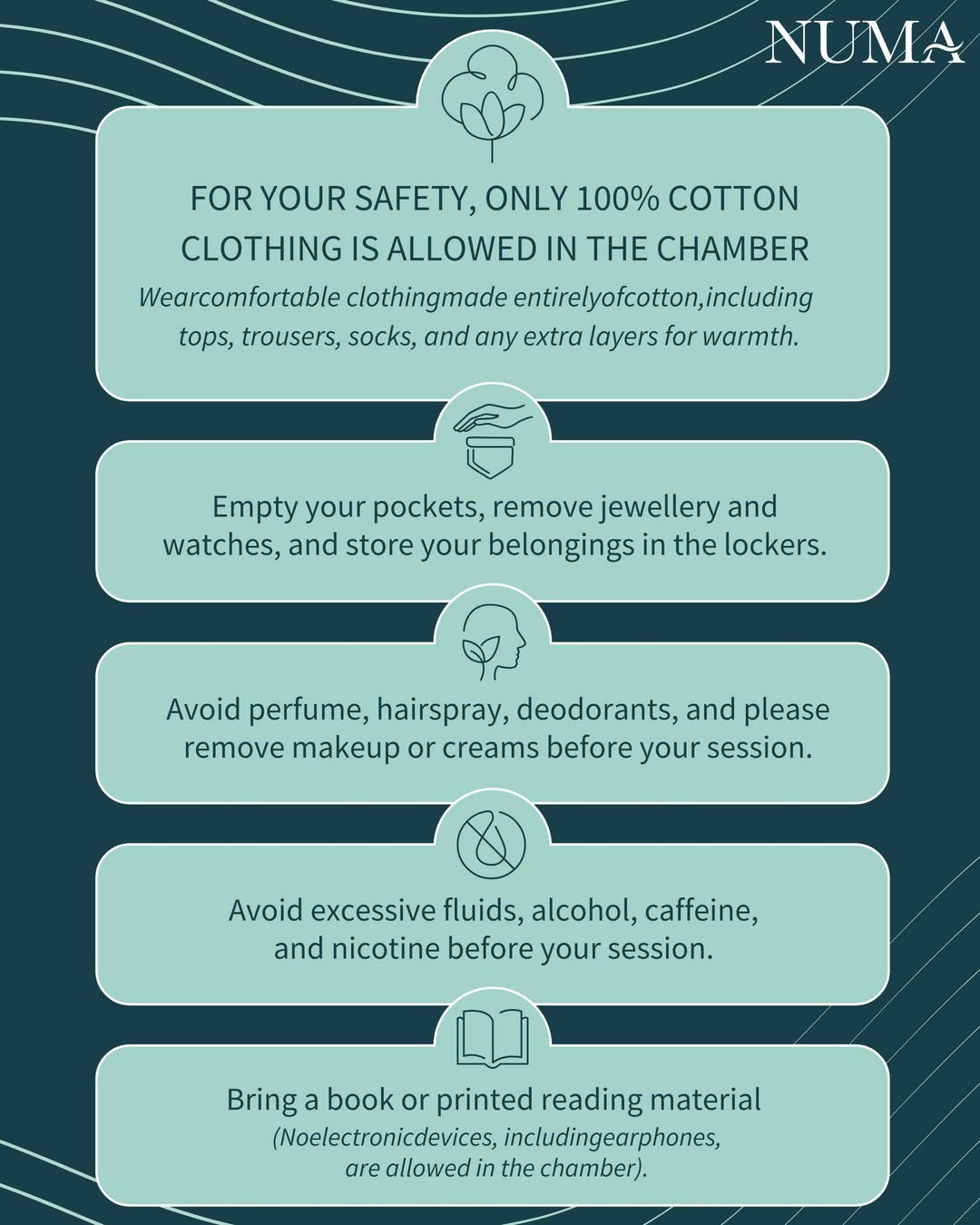 Getting ready for your chamber session? Here’s your quick checklist 👇

👕 Wear 𝟭𝟬𝟬% 𝙘𝙤𝙩𝙩𝙤𝙣 𝙘𝙡𝙤𝙩𝙝𝙞𝙣𝙜 𝙤𝙣𝙡𝙮
That includes to