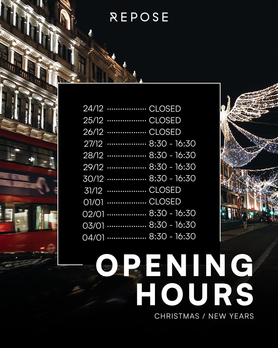 A gentle update on our holiday opening hours.

We look forward to welcoming you in for a moment of calm this festive sea