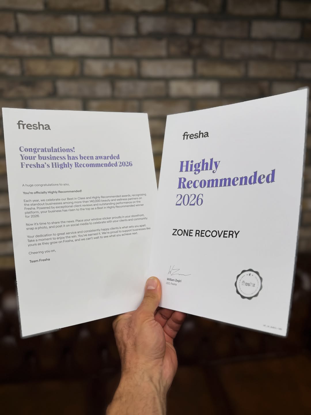 Another year winning the @fresha Highly Recommended award! 🥇 🏆
______________________________________
Zone Recovery is